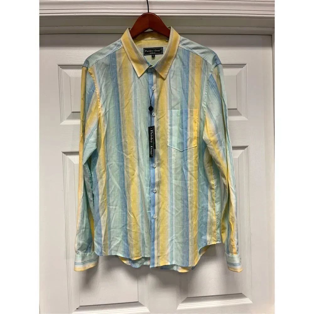 Paisley & Gray Slim Set Yellow & Blue Print Casual Button Down Shirt sz XL NWT